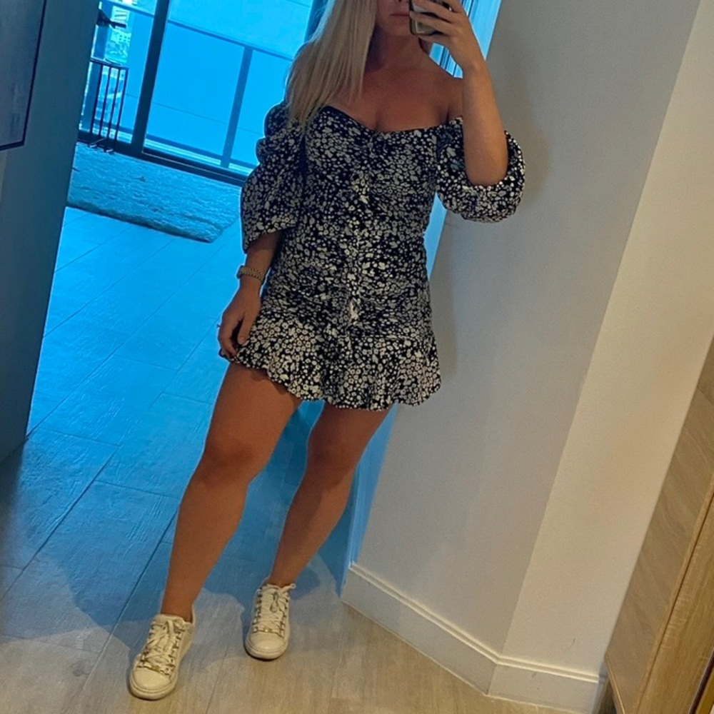 Black & White Floral Mini Ruffle Dress